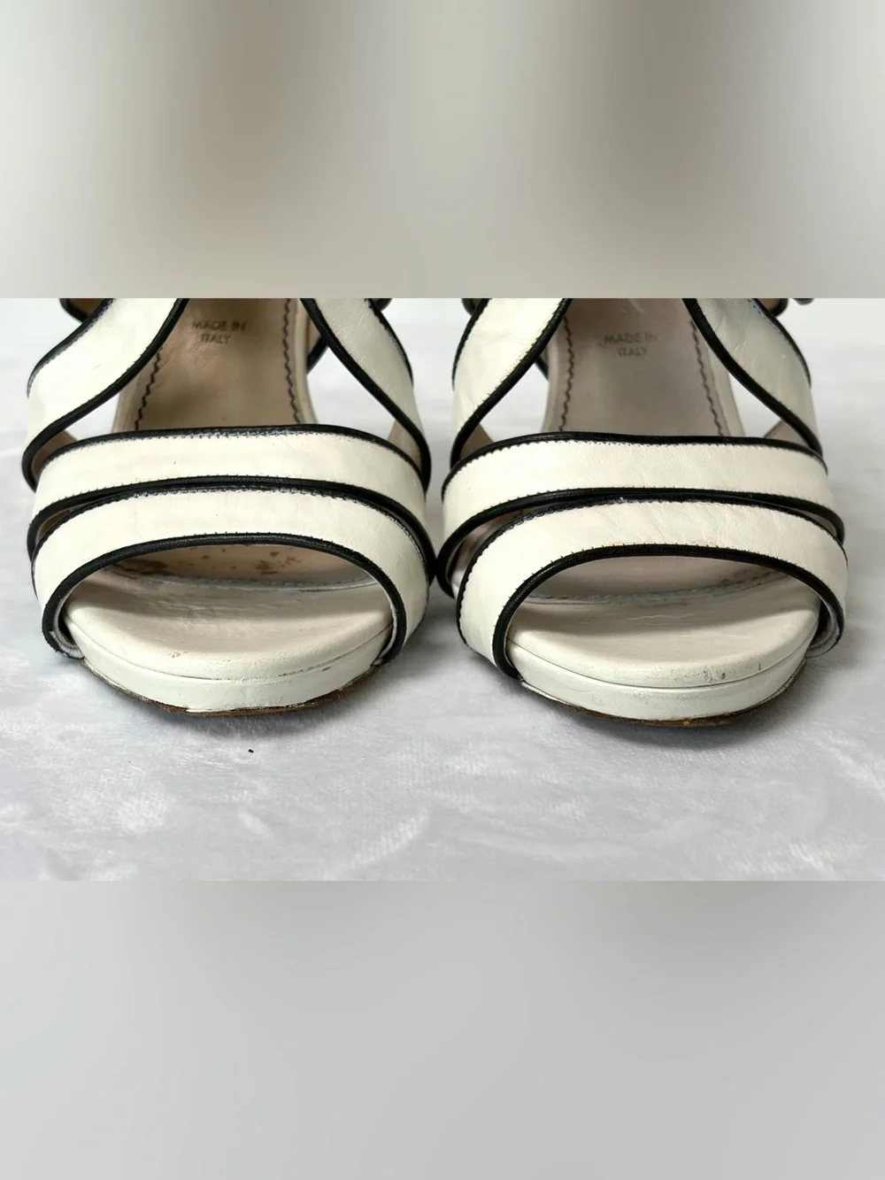 Jerome C Rousseau strappy leather high heels, buckle, black/white, EUC, 36.5